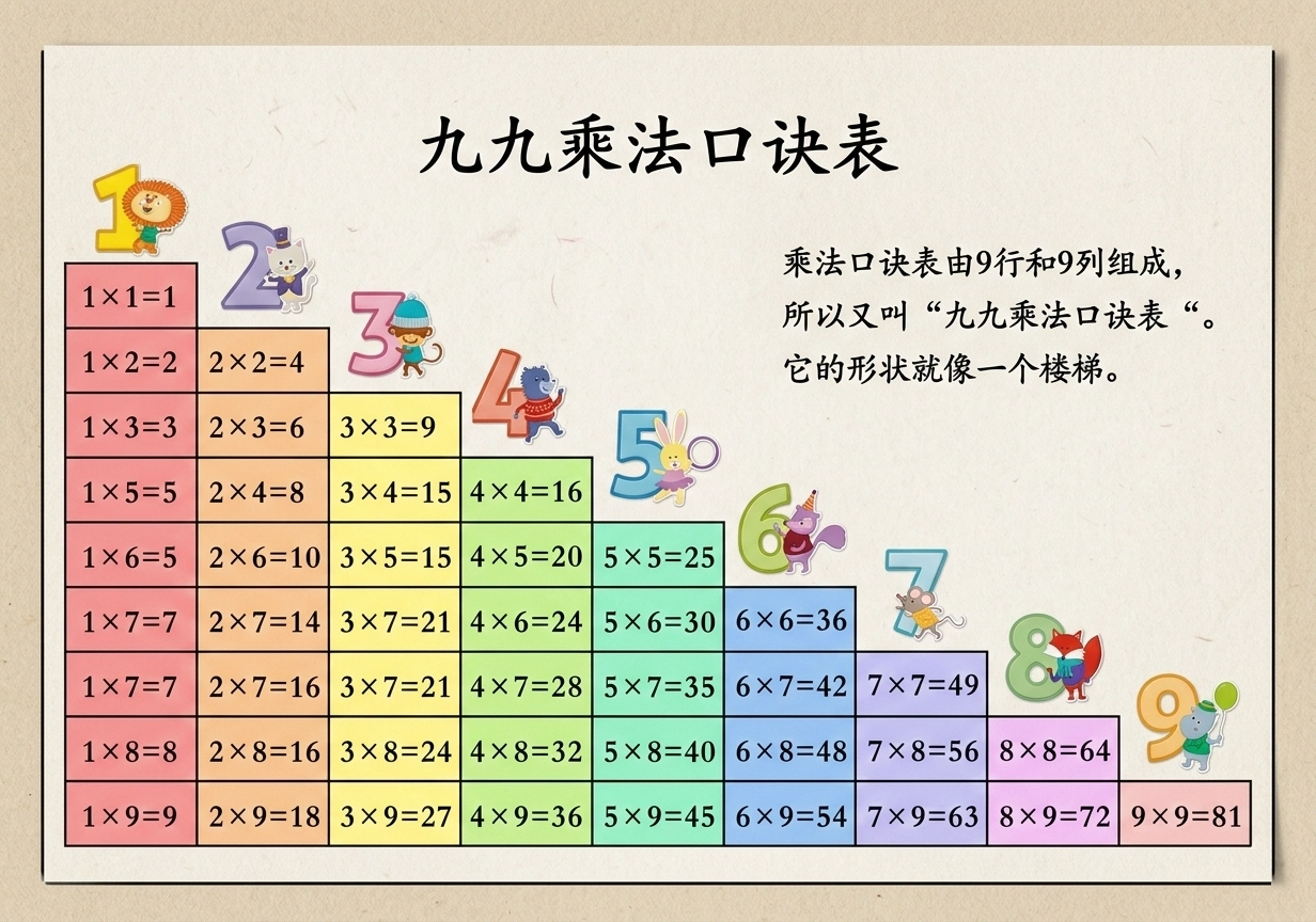 99乘法口诀表A4打印版经典卡通样式