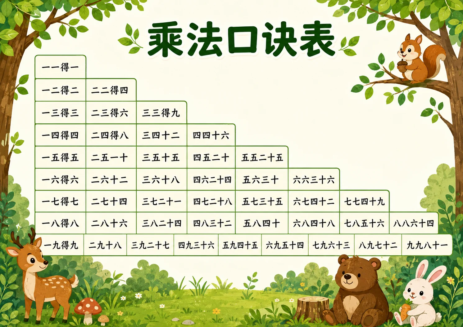 森林动物乘法口诀表A4图片