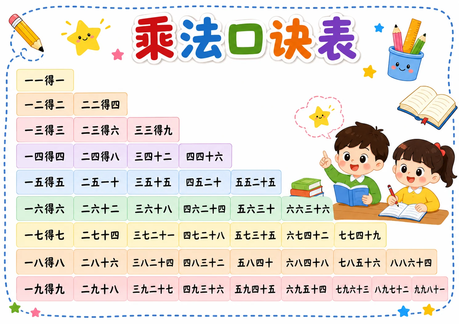 小学生乘法口诀表读书儿童插画版