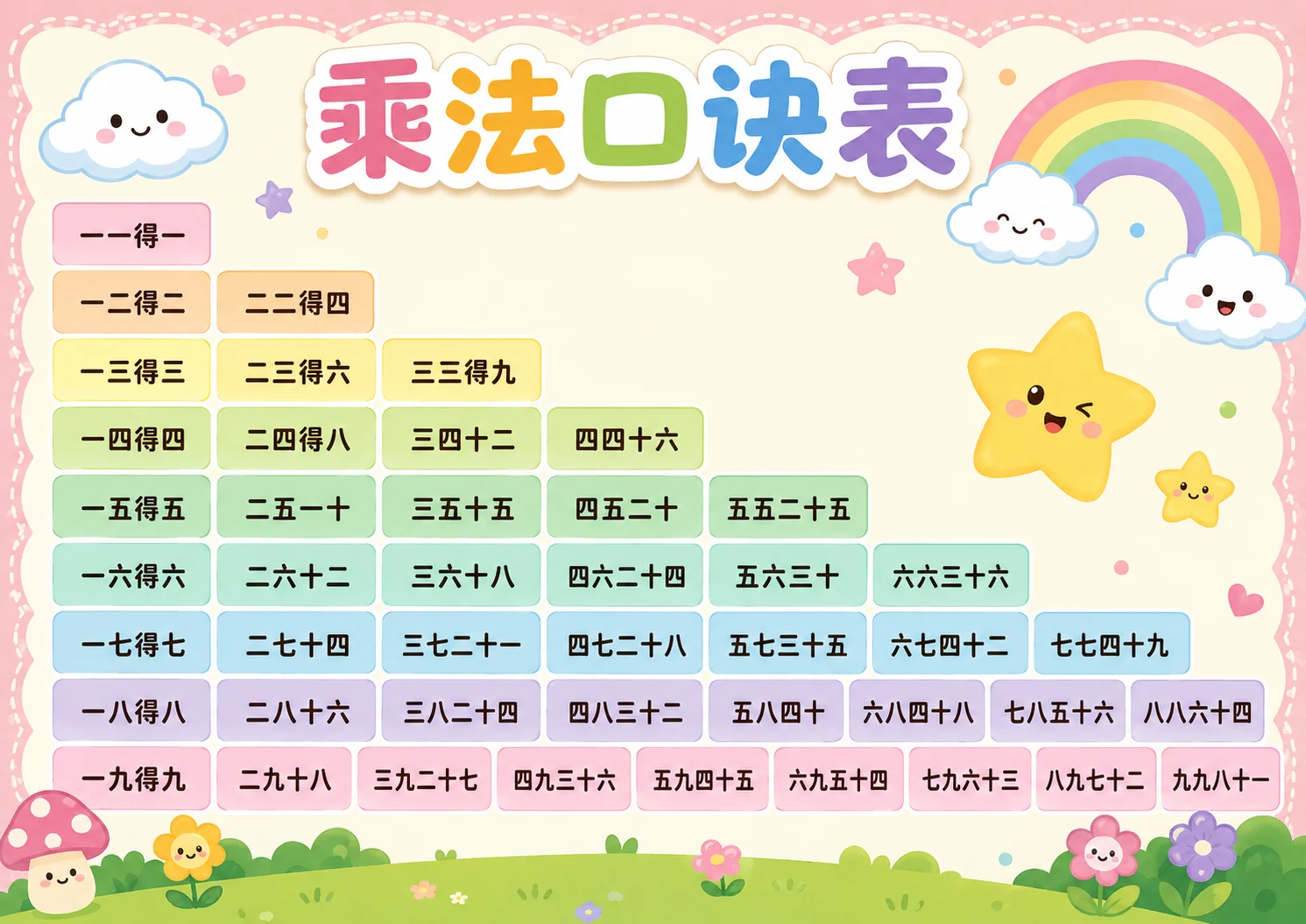 彩虹云朵乘法口诀表打印版