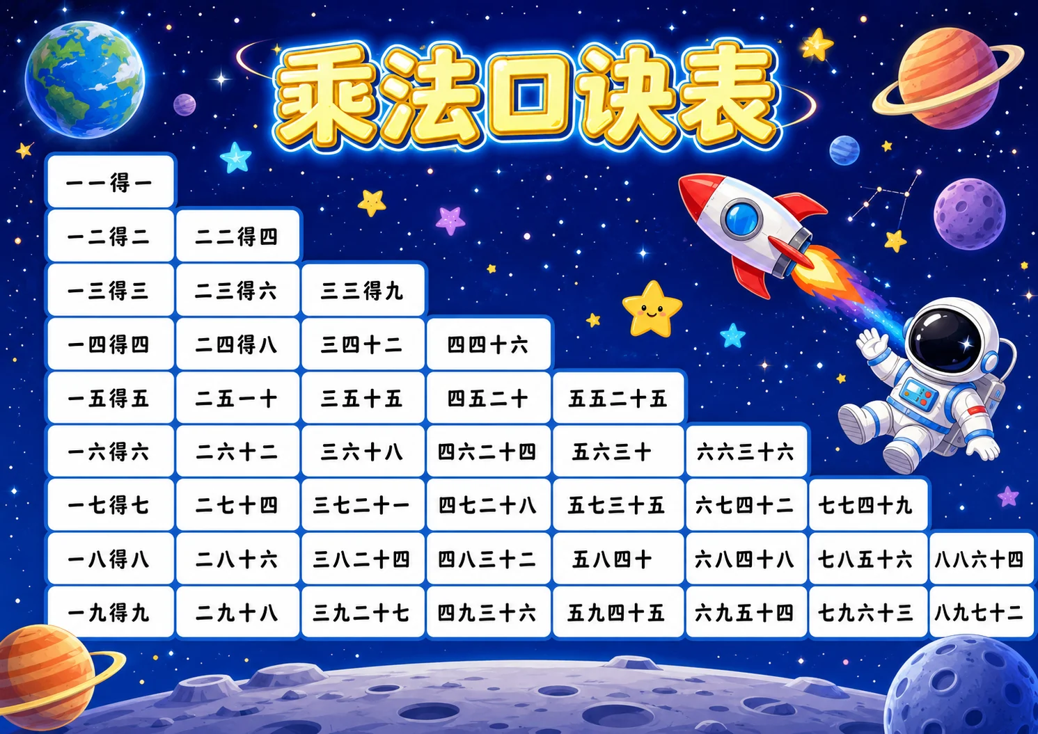 星空火箭乘法口诀表A4图片