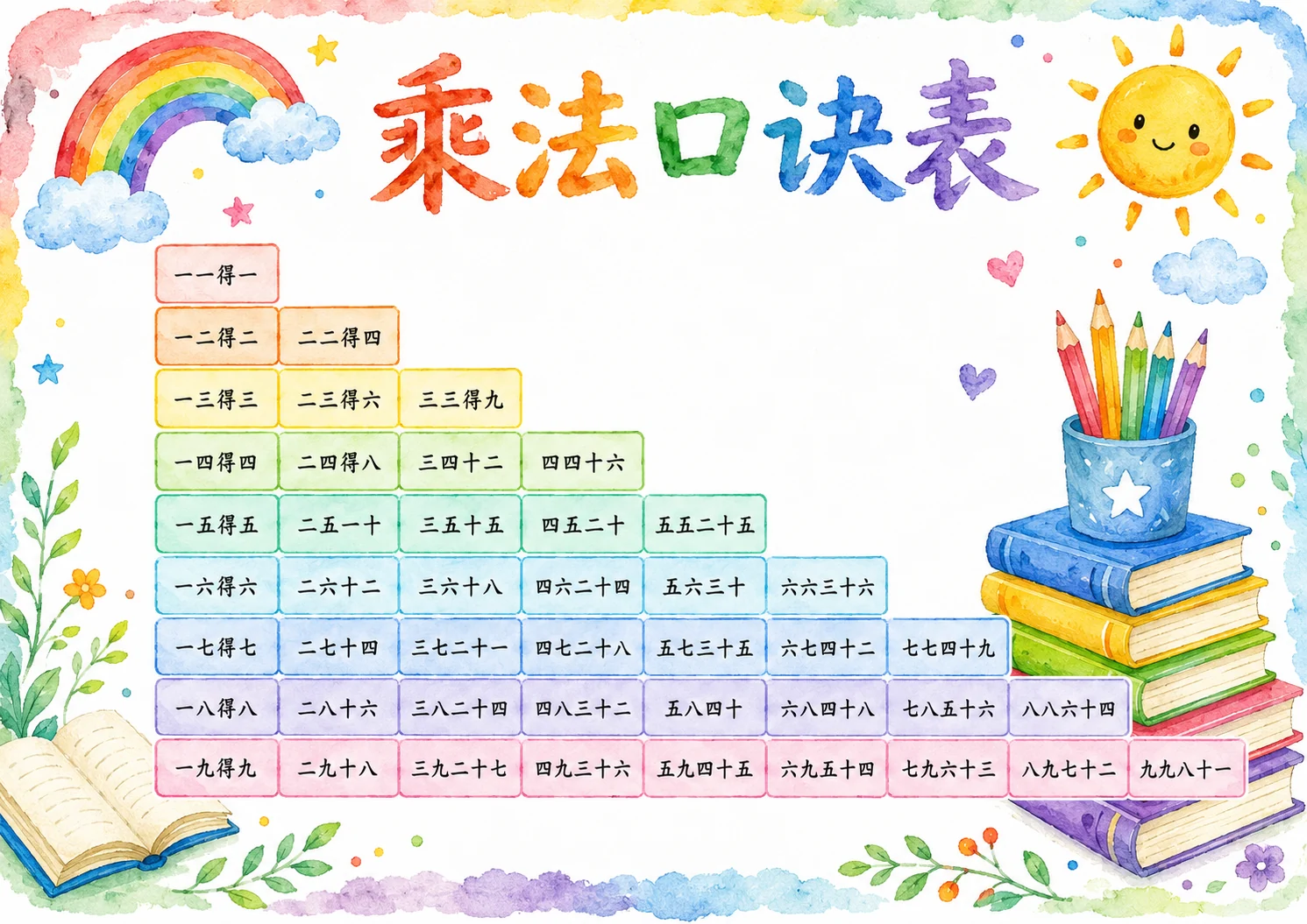 小学生水彩铅笔乘法口诀表图片