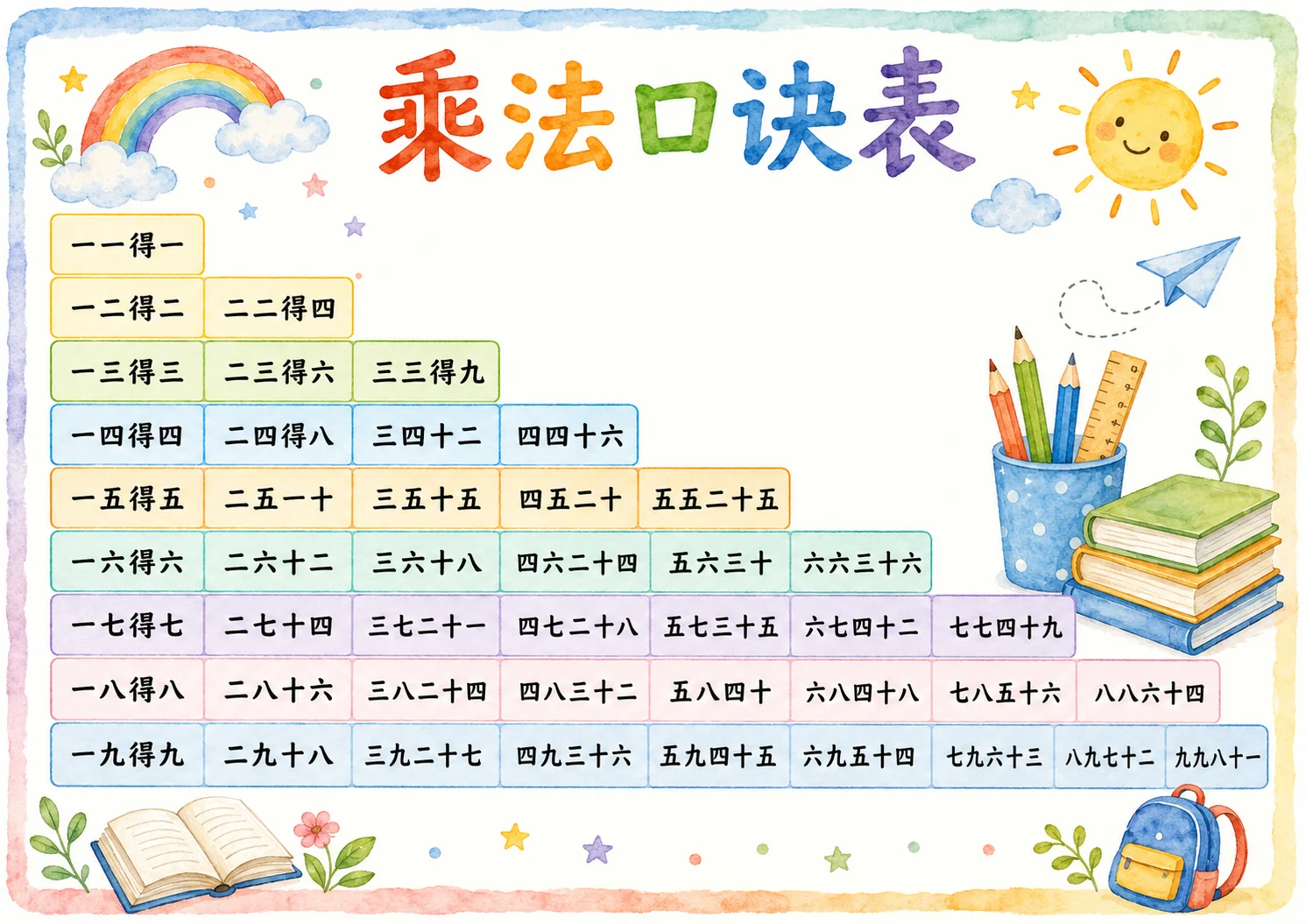 水彩文具乘法口诀表小学生图片